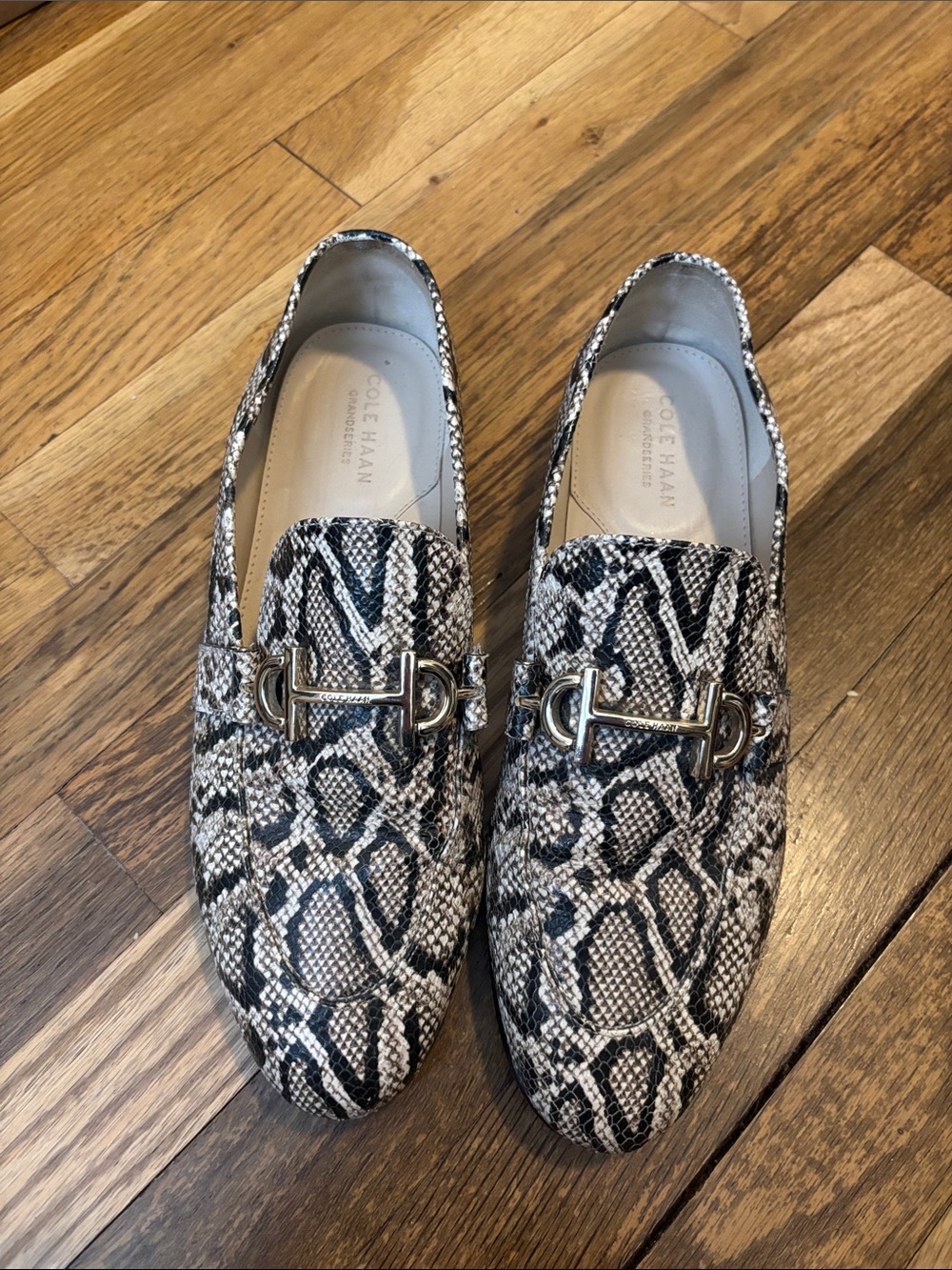 Cole Haan Grand Series Black & White Snake-Print Horsebit Loafers
